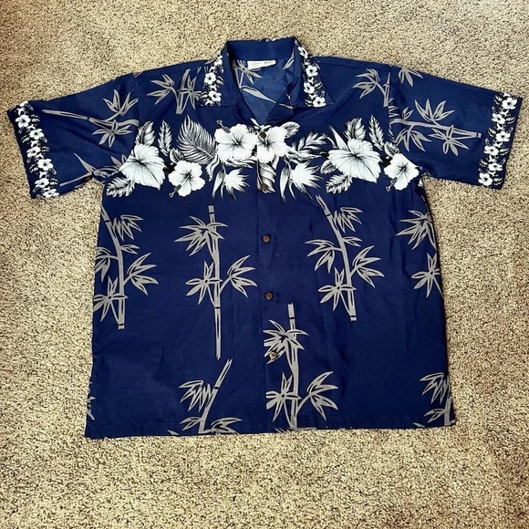 Makani Hawaii Shirt Mens Large Tribal Blue Floral Microfiber Hawaiian Aloha Gray - Picture 1 of 10